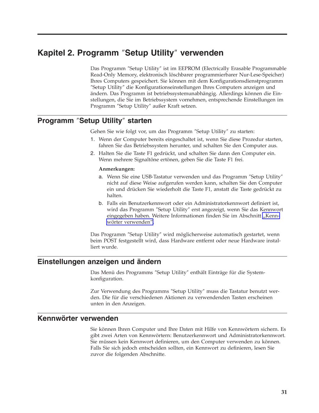 IBM 9213, 9212 manual Kapitel 2. Programm ″Setup Utility″ verwenden, Programm ″Setup Utility″ starten, Kennwörter verwenden 