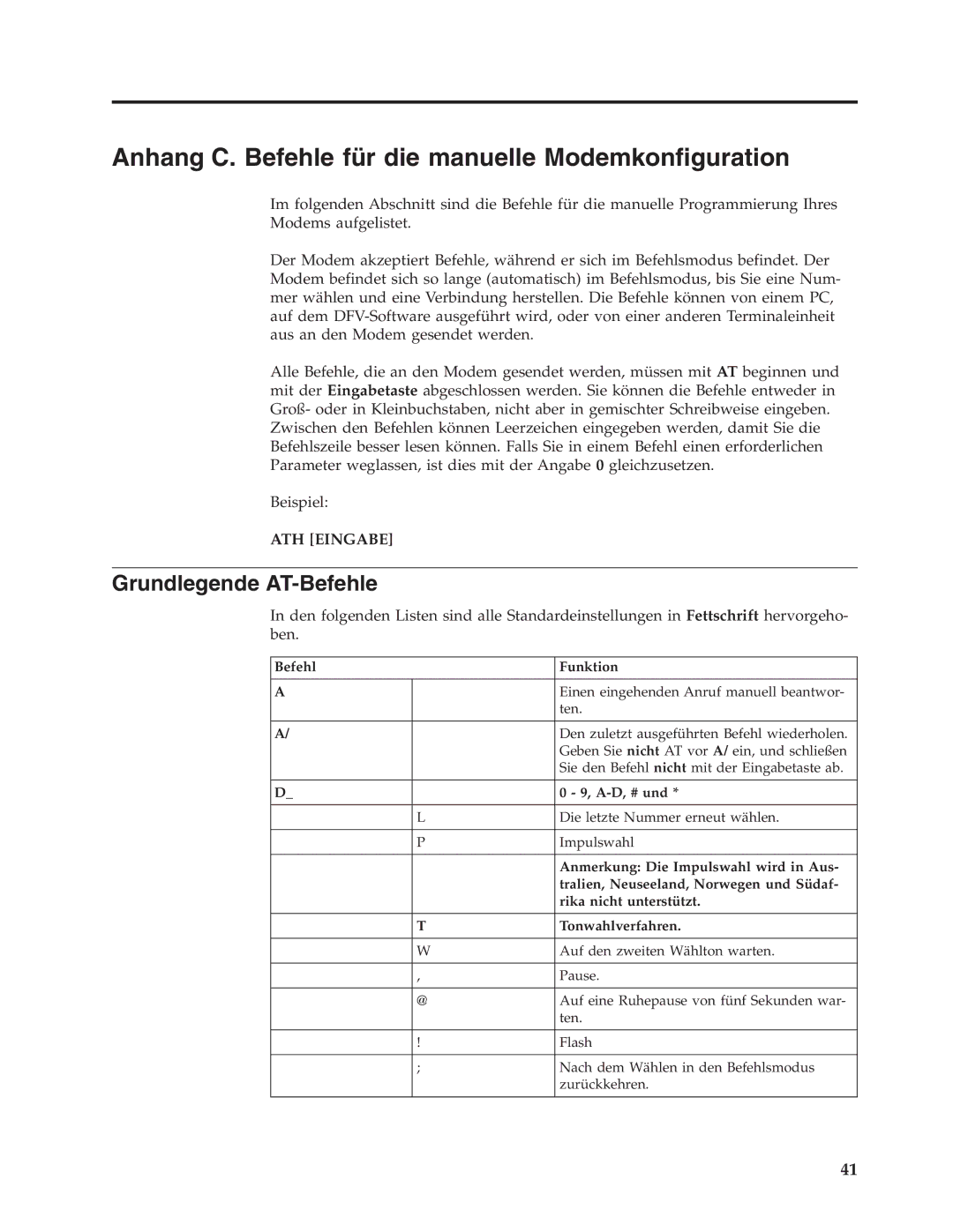 IBM 9213, 9212 manual Anhang C. Befehle für die manuelle Modemkonfiguration, Grundlegende AT-Befehle 