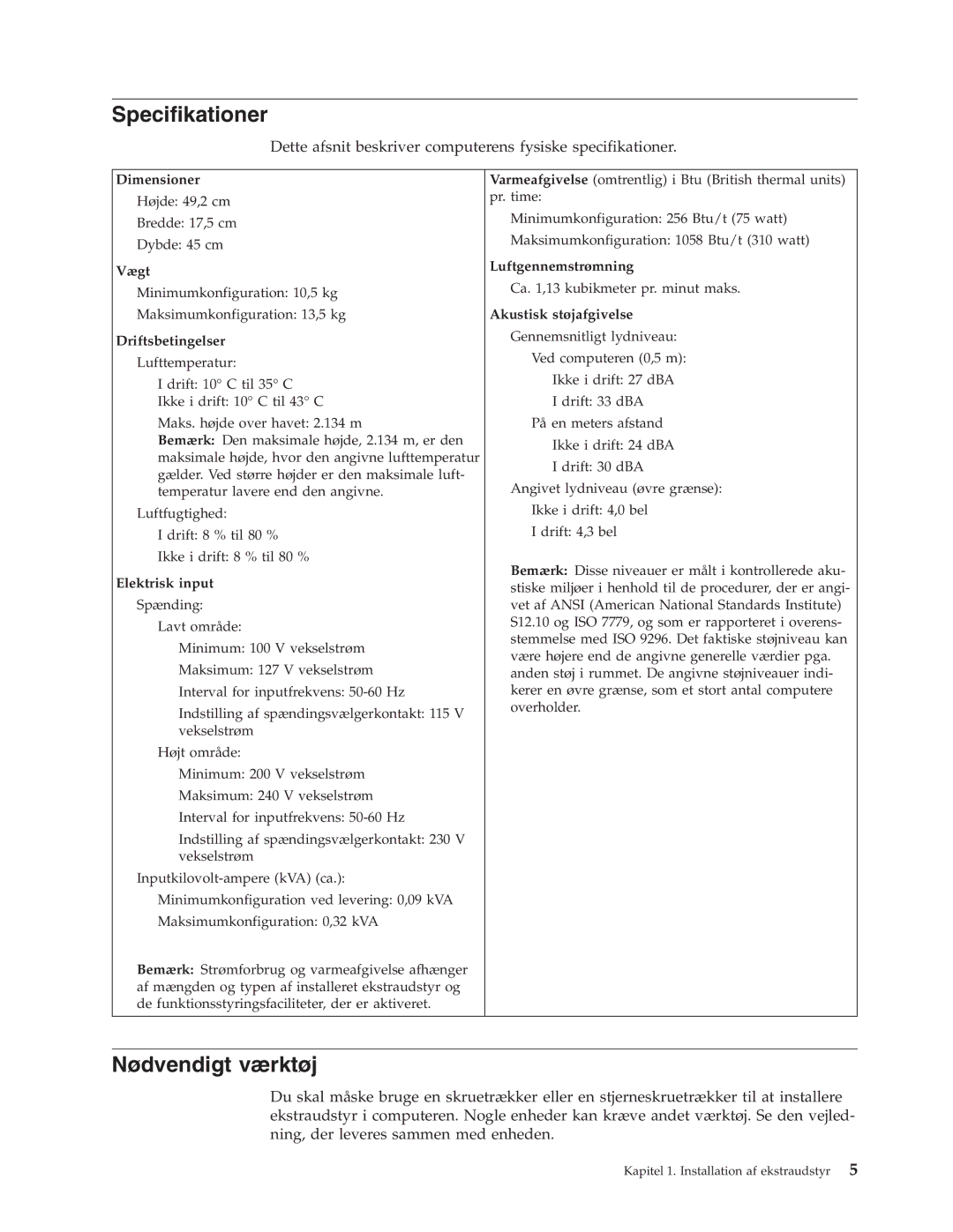 IBM 9213, 9212 manual Specifikationer, Nødvendigt værktøj 