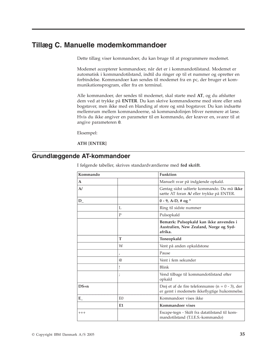 IBM 9213, 9212 manual Tillæg C. Manuelle modemkommandoer, Grundlæggende AT-kommandoer 