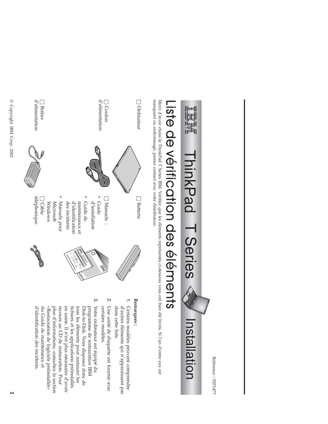 IBM 92P1477 manual Remarques 