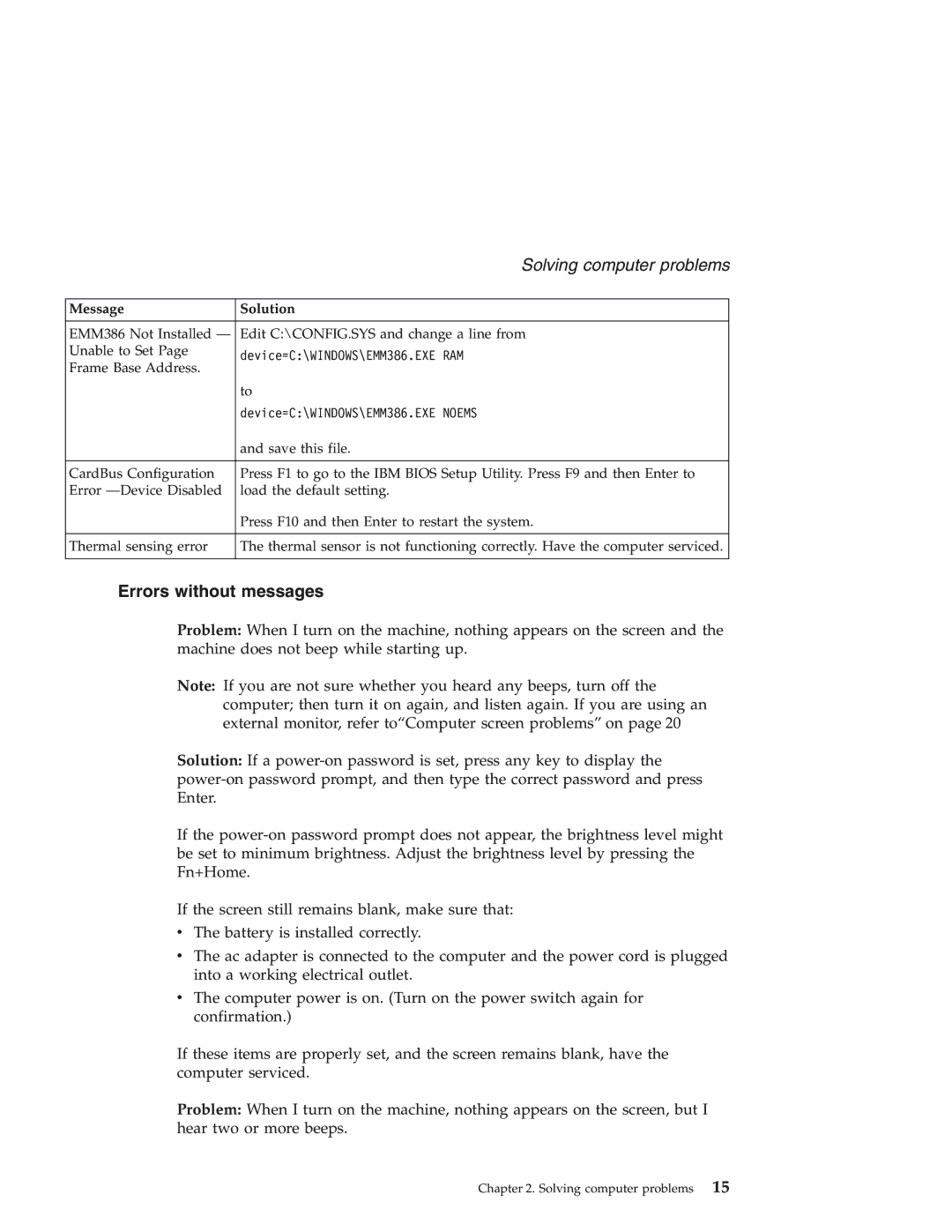 IBM 92P1559 manual Errors without messages 