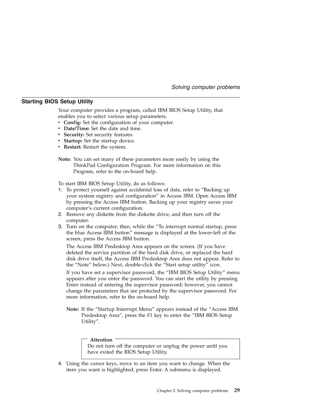 IBM 92P1559 manual Starting Bios Setup Utility 