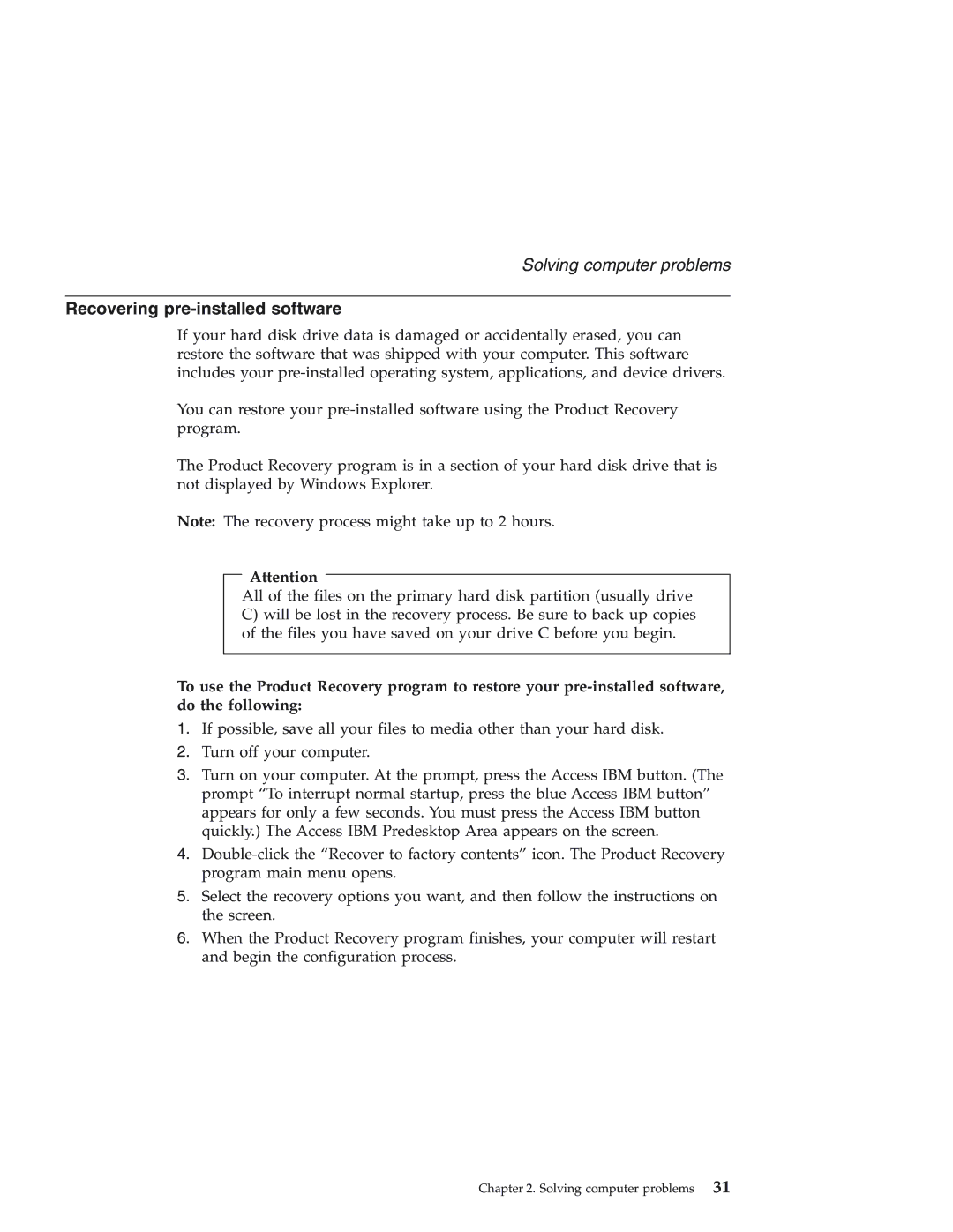 IBM 92P1559 manual Recovering pre-installed software 