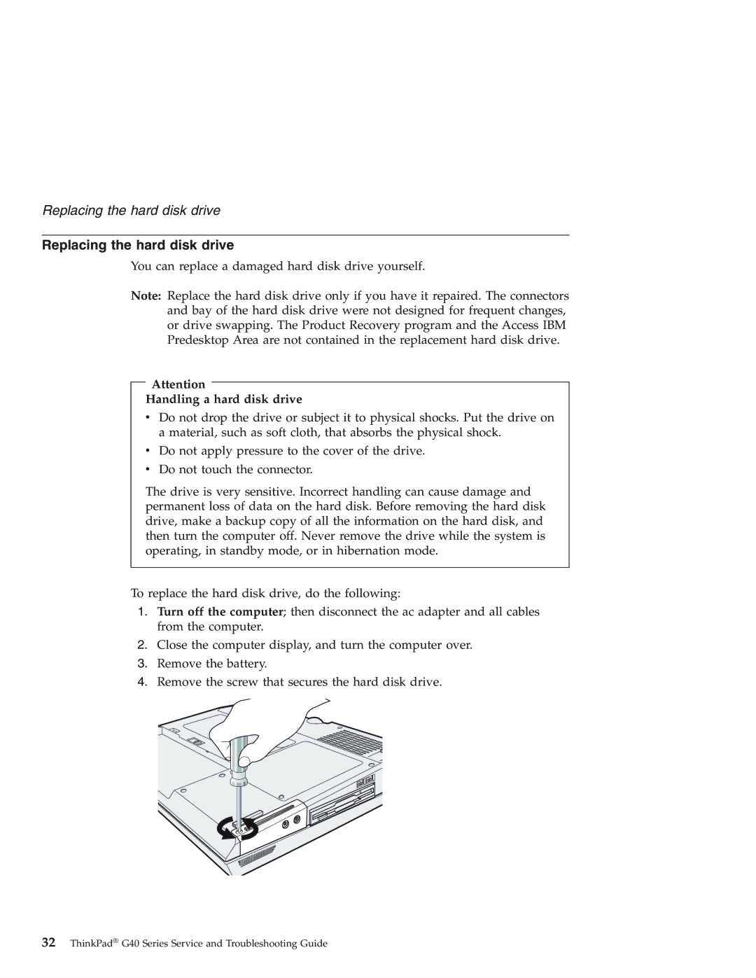 IBM 92P1559 manual Replacing the hard disk drive, Handling a hard disk drive 