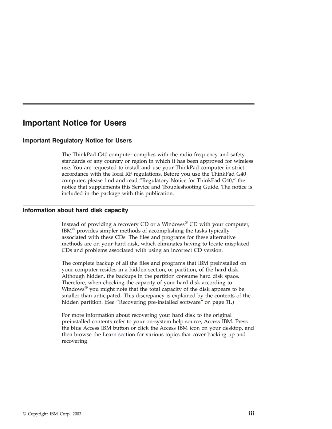 IBM 92P1559 manual Important Notice for Users, Important Regulatory Notice for Users, Information about hard disk capacity 