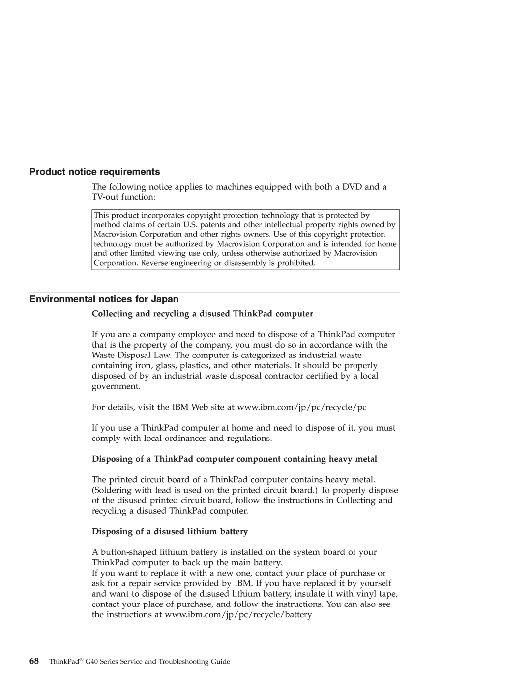 IBM 92P1559 manual Product notice requirements, Environmental notices for Japan, Disposing of a disused lithium battery 