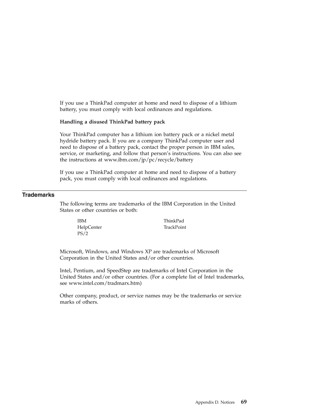 IBM 92P1559 manual Trademarks, Handling a disused ThinkPad battery pack 