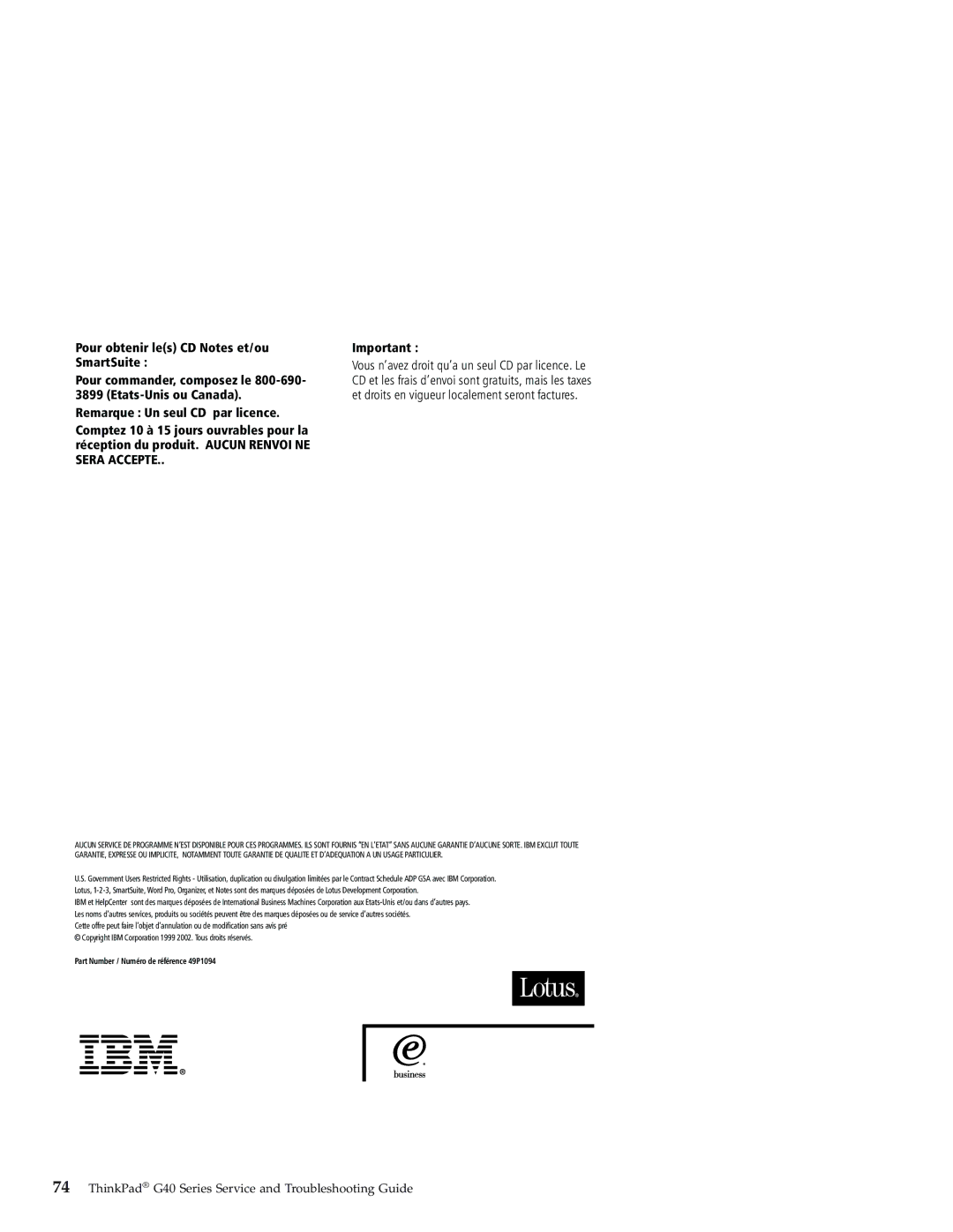 IBM 92P1559 manual Part Number / Numéro de référence 49P1094 