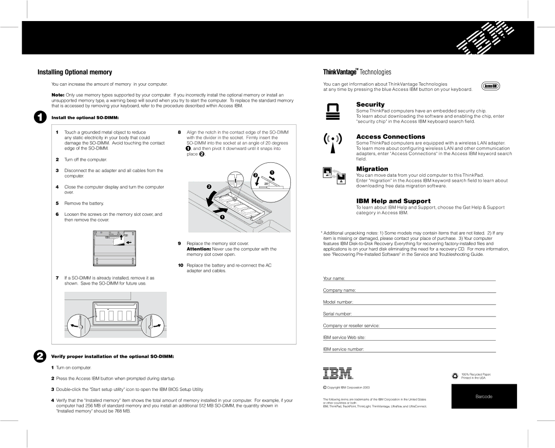 IBM 92P1989 manual Security, Access Connections, Migration, IBM Help and Support 