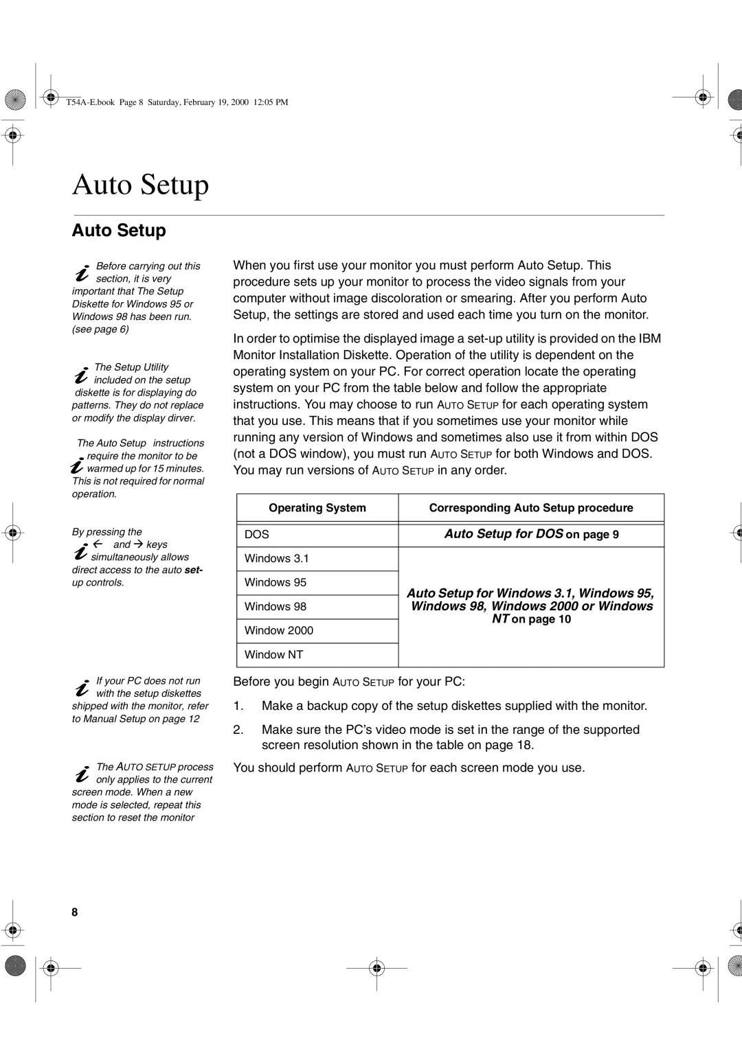 IBM T54A, 9511-A, T540 manual Auto Setup 