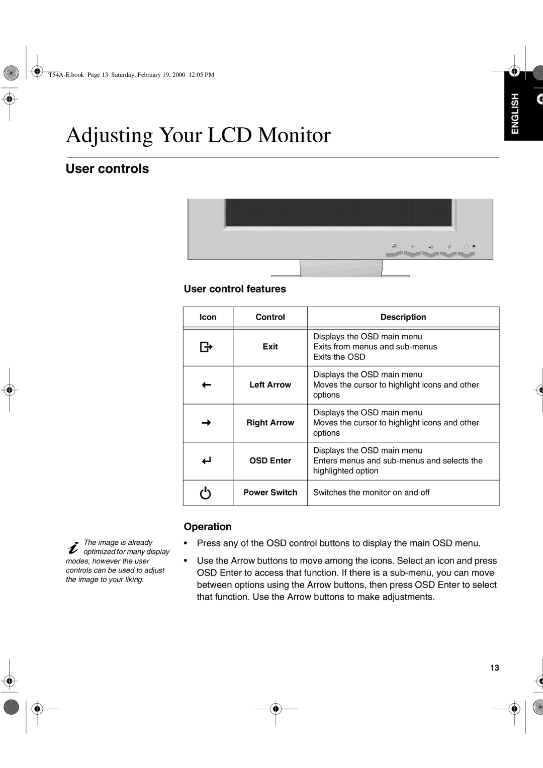 IBM 9511-A, T54A, T540 manual Adjusting Your LCD Monitor, User controls, User control features, Operation 