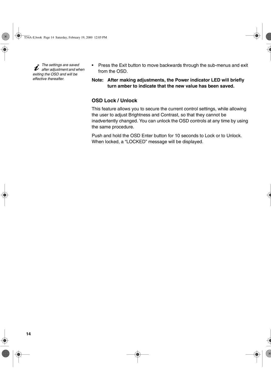 IBM T54A, 9511-A, T540 manual OSD Lock / Unlock 