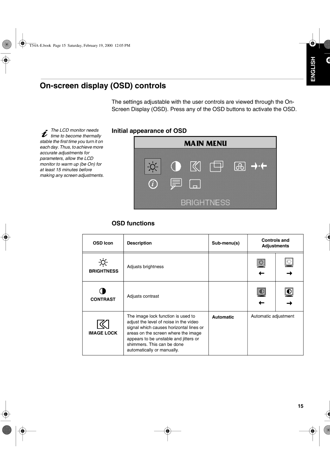 IBM T540, 9511-A, T54A manual On-screen display OSD controls, OSD functions 