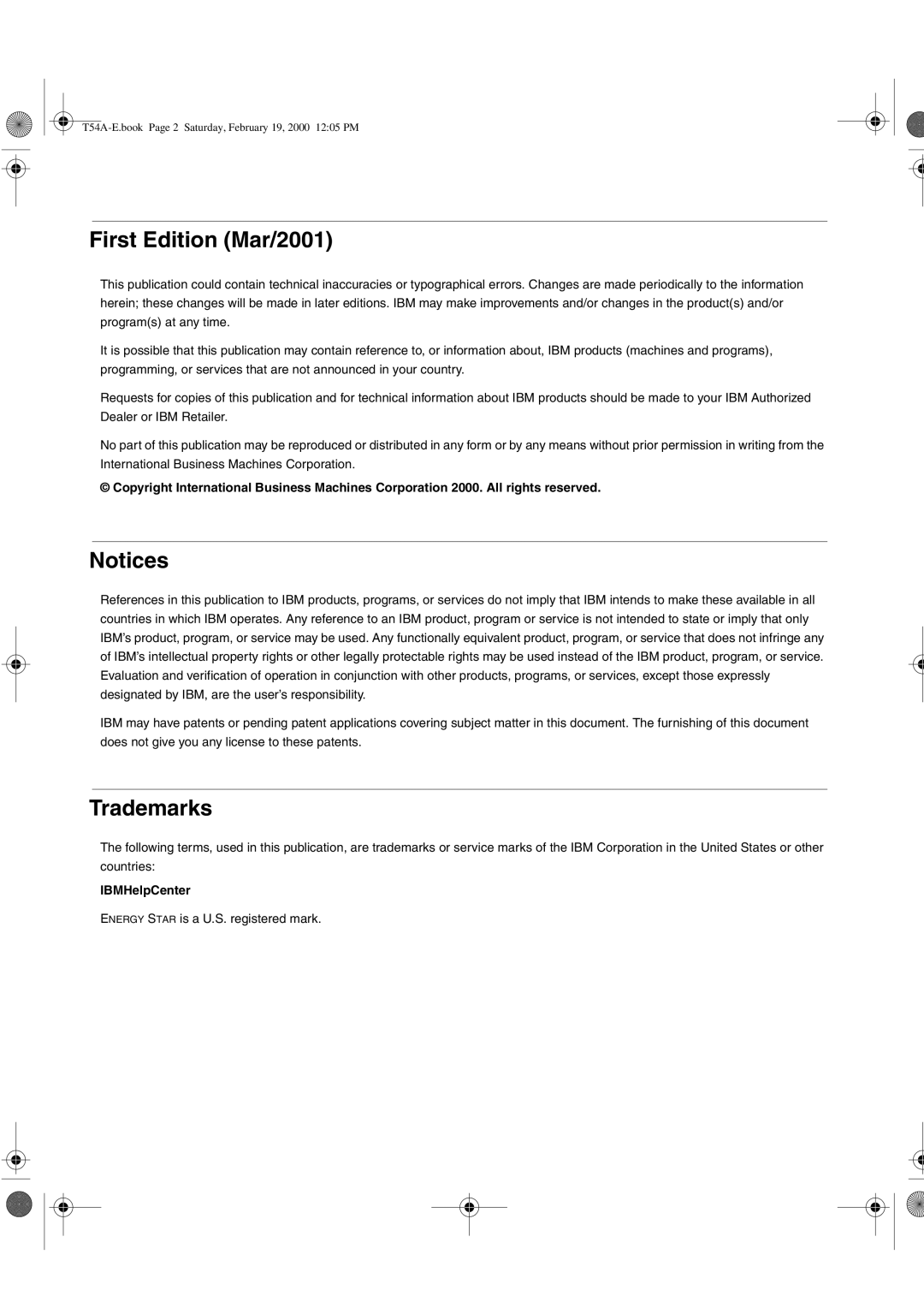 IBM T540, 9511-A, T54A manual First Edition Mar/2001, Trademarks 