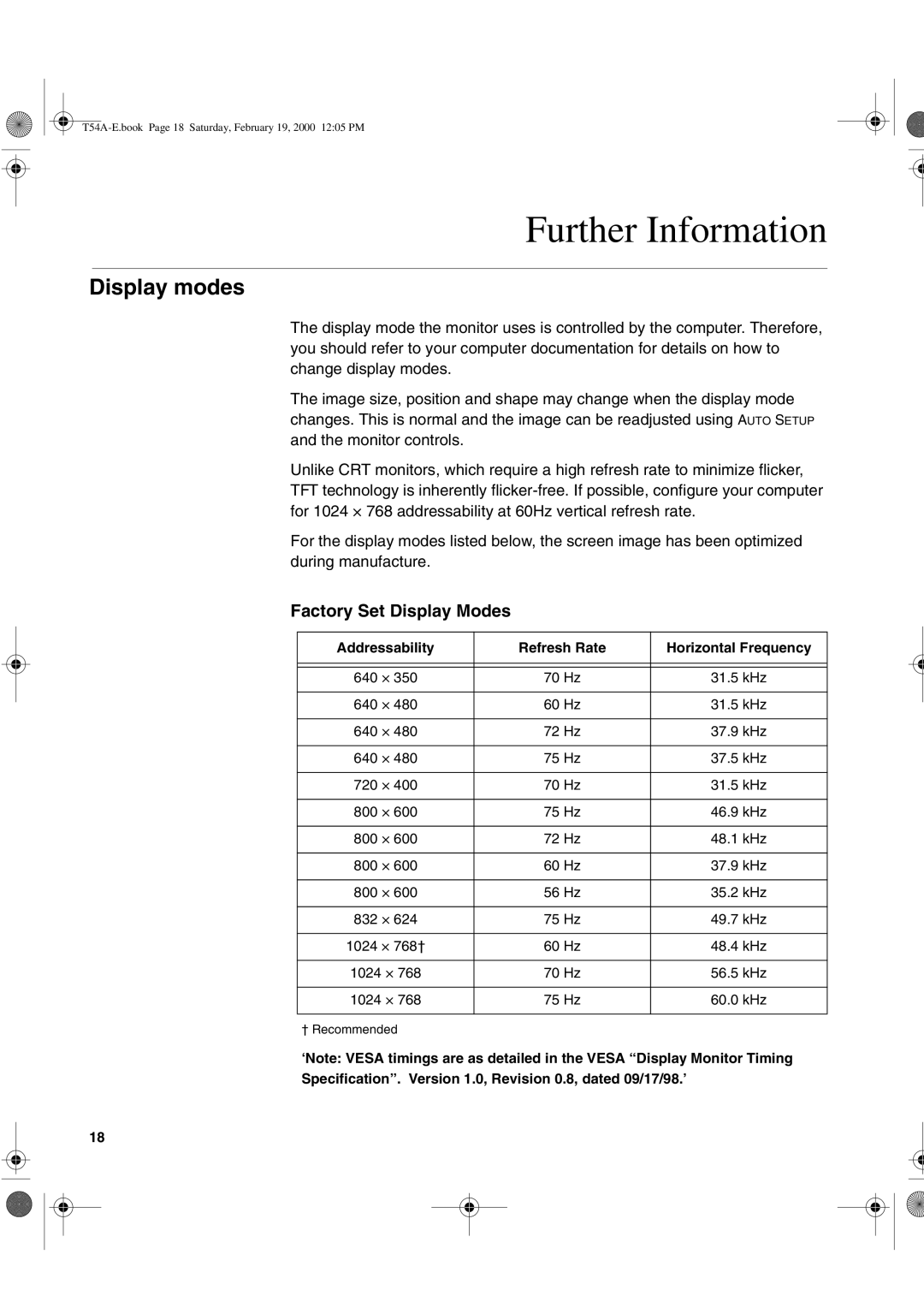 IBM T540, 9511-A, T54A manual Further Information, Display modes, Factory Set Display Modes 