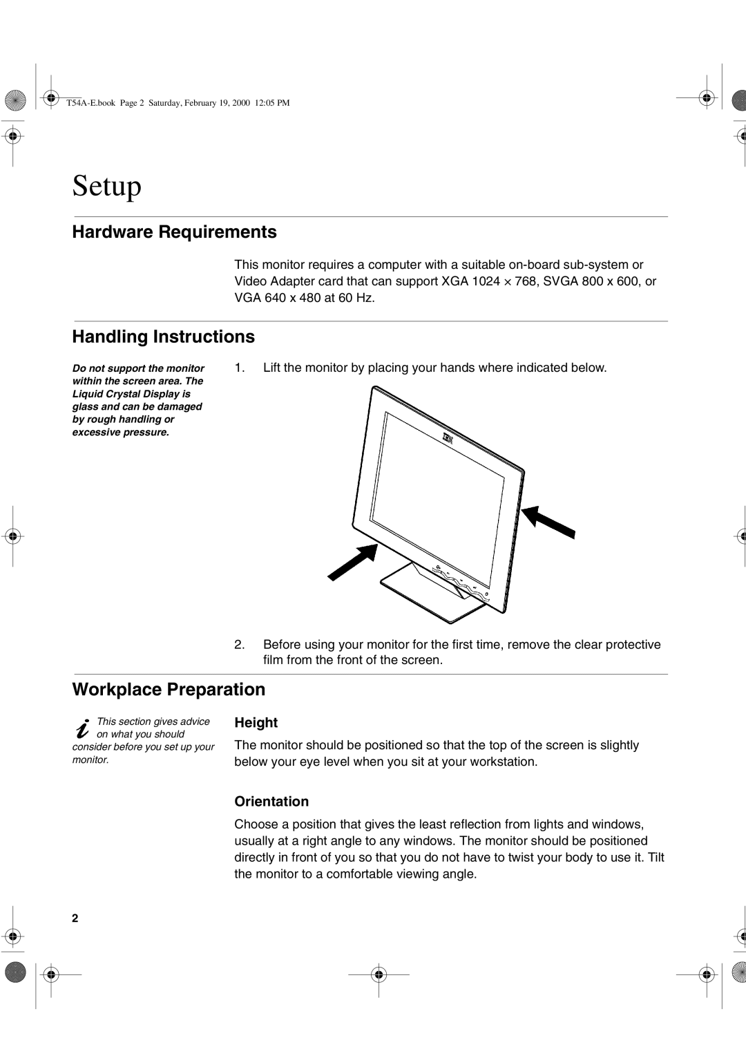 IBM T54A, 9511-A, T540 manual Setup, Hardware Requirements, Handling Instructions, Workplace Preparation 