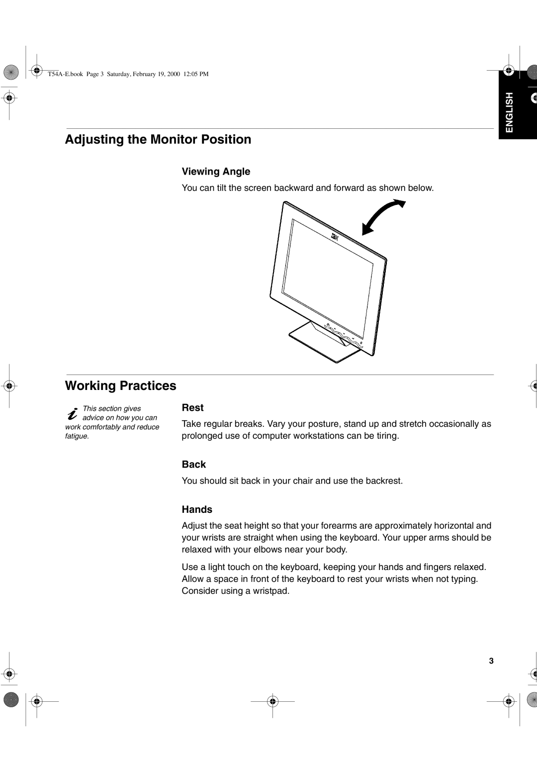 IBM T540, 9511-A, T54A manual Adjusting the Monitor Position, Working Practices, Viewing Angle, Back, Hands 