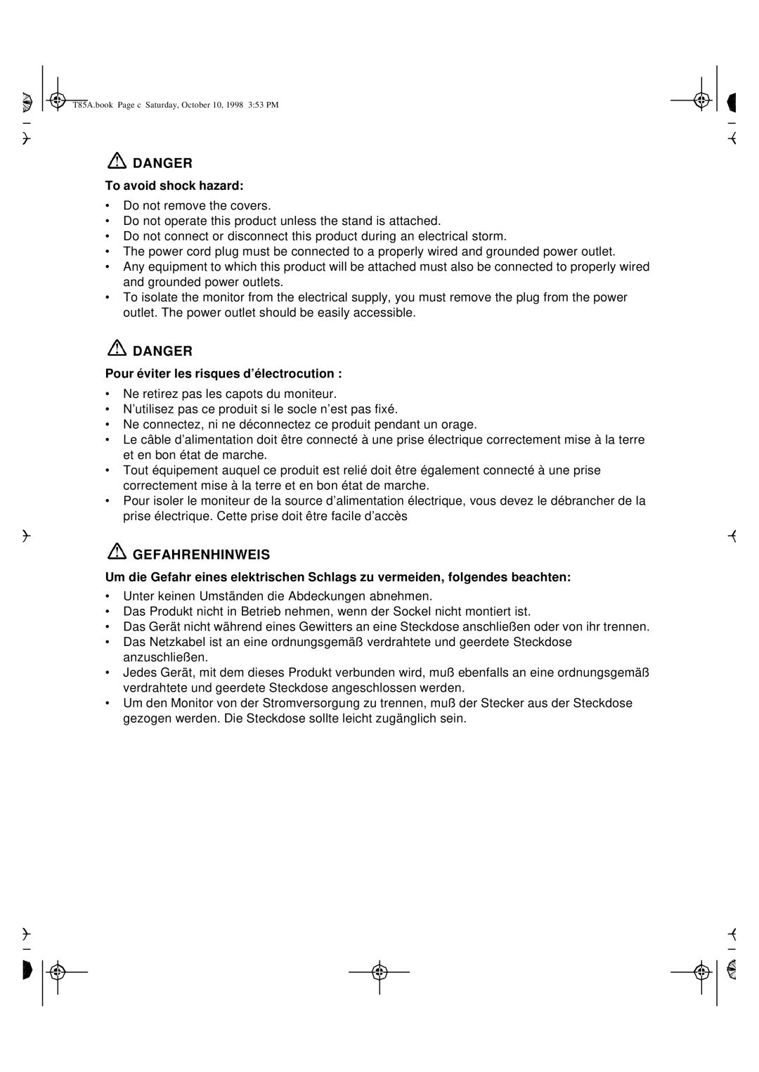 IBM 9519-AW1, 9519-AG1, T 85A, 21L4365, 21L4364 system manual Gefahrenhinweis 