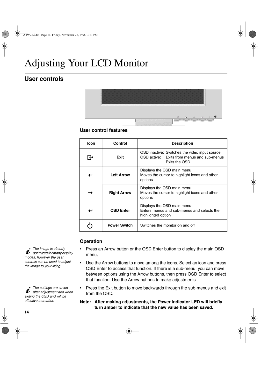 IBM T 85A, 9519-AW1, 9519-AG1, 21L4365, 21L4364 system manual Adjusting Your LCD Monitor, User controls 