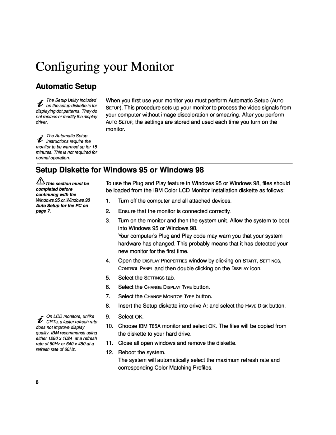 IBM T 85A, 9519-AG, 9519-AW1, 21L4365 Configuring your Monitor, Automatic Setup, Setup Diskette for Windows 95 or Windows 