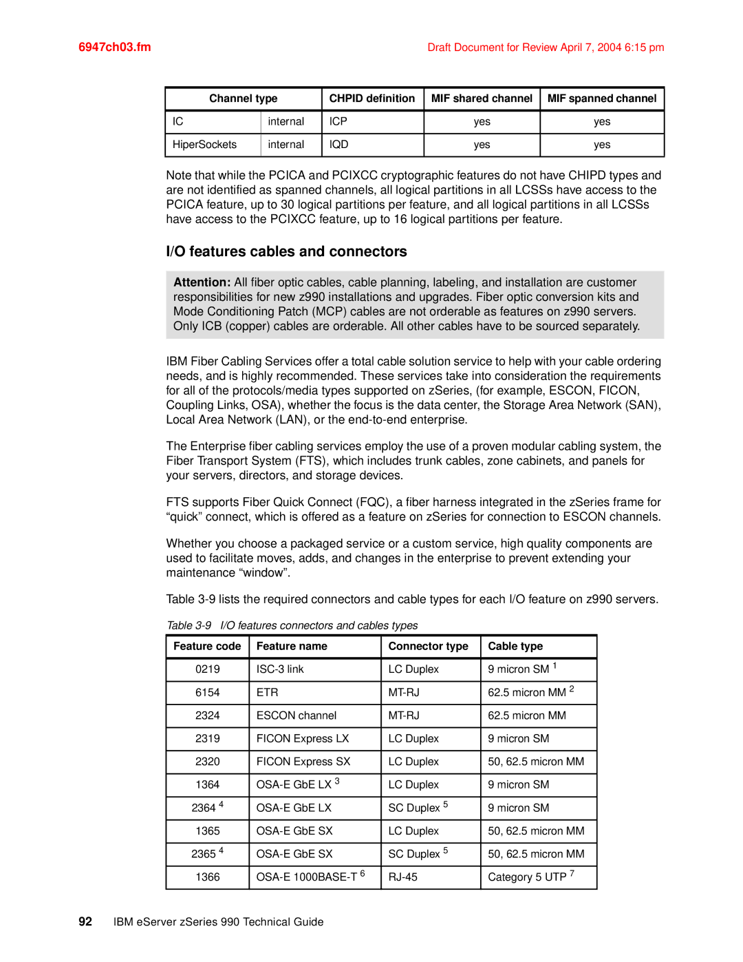 IBM 990 manual Features cables and connectors, Feature code Feature name Connector type Cable type 