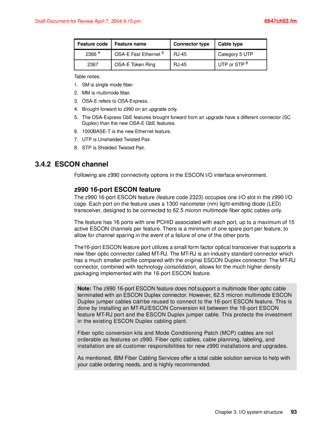 IBM manual Escon channel, Z990 16-port Escon feature 