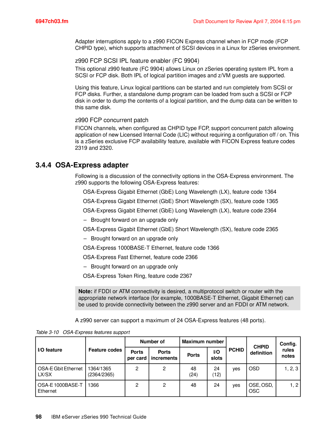 IBM manual OSA-Express adapter, Z990 FCP Scsi IPL feature enabler FC, Z990 FCP concurrent patch 