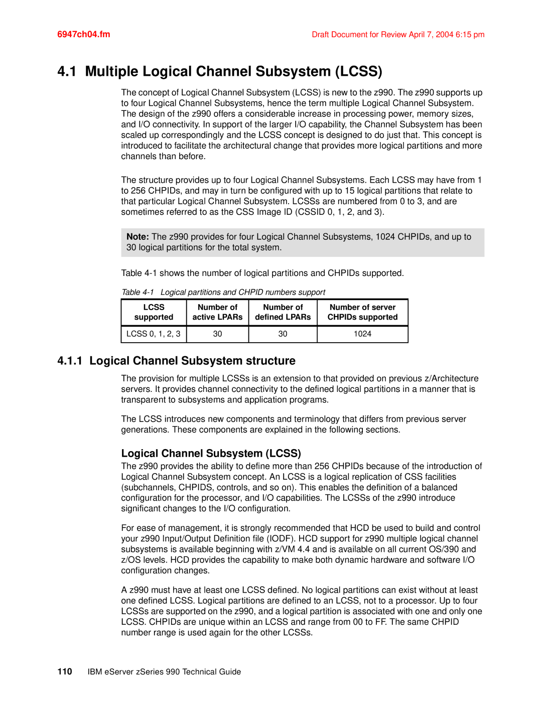 IBM 990 manual Multiple Logical Channel Subsystem Lcss, Logical Channel Subsystem structure 