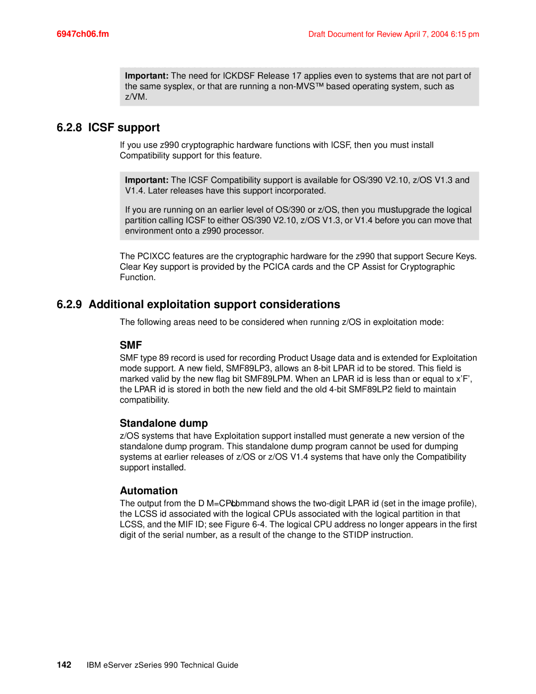 IBM 990 manual Icsf support, Additional exploitation support considerations, Standalone dump, Automation 