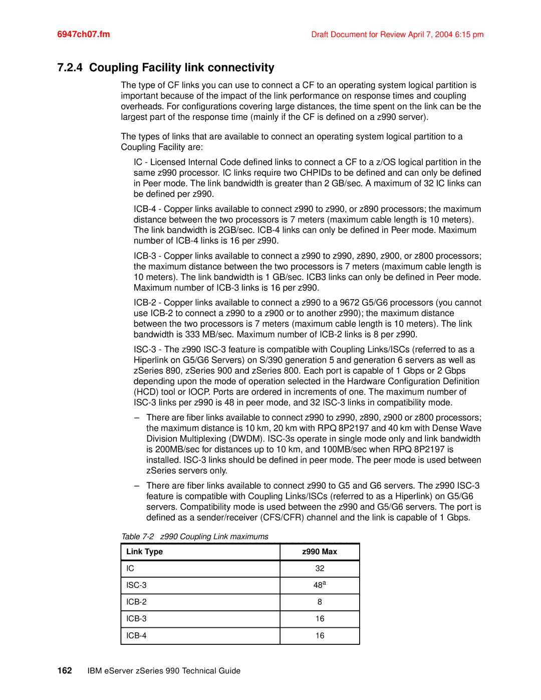 IBM manual Coupling Facility link connectivity, Link Type Z990 Max 