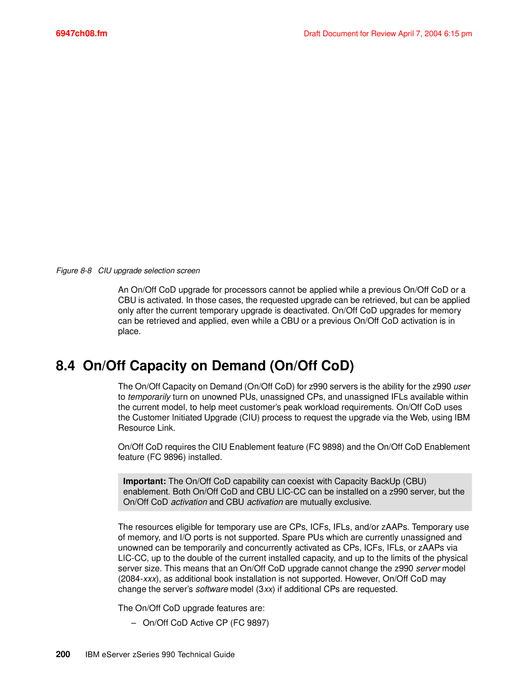 IBM 990 manual On/Off Capacity on Demand On/Off CoD, CIU upgrade selection screen 