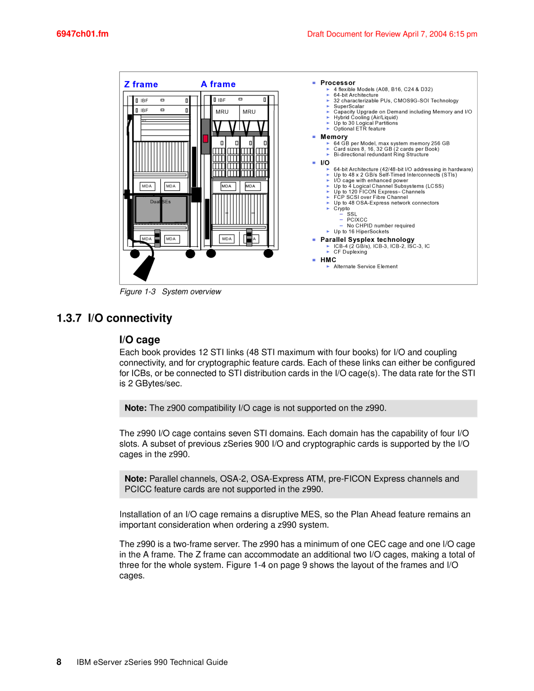 IBM 990 manual 7 I/O connectivity, Cage 