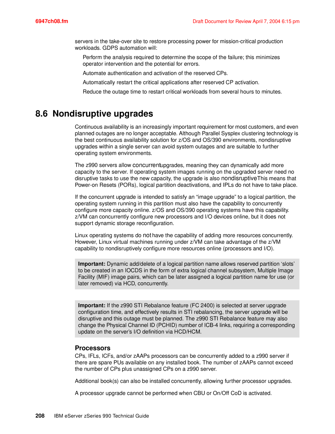 IBM 990 manual Nondisruptive upgrades, Processors 