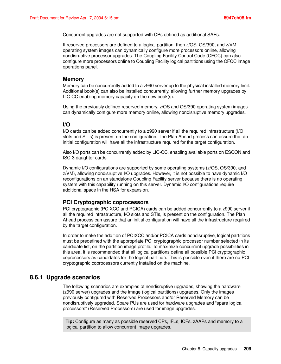 IBM 990 manual Upgrade scenarios, Memory, PCI Cryptographic coprocessors 