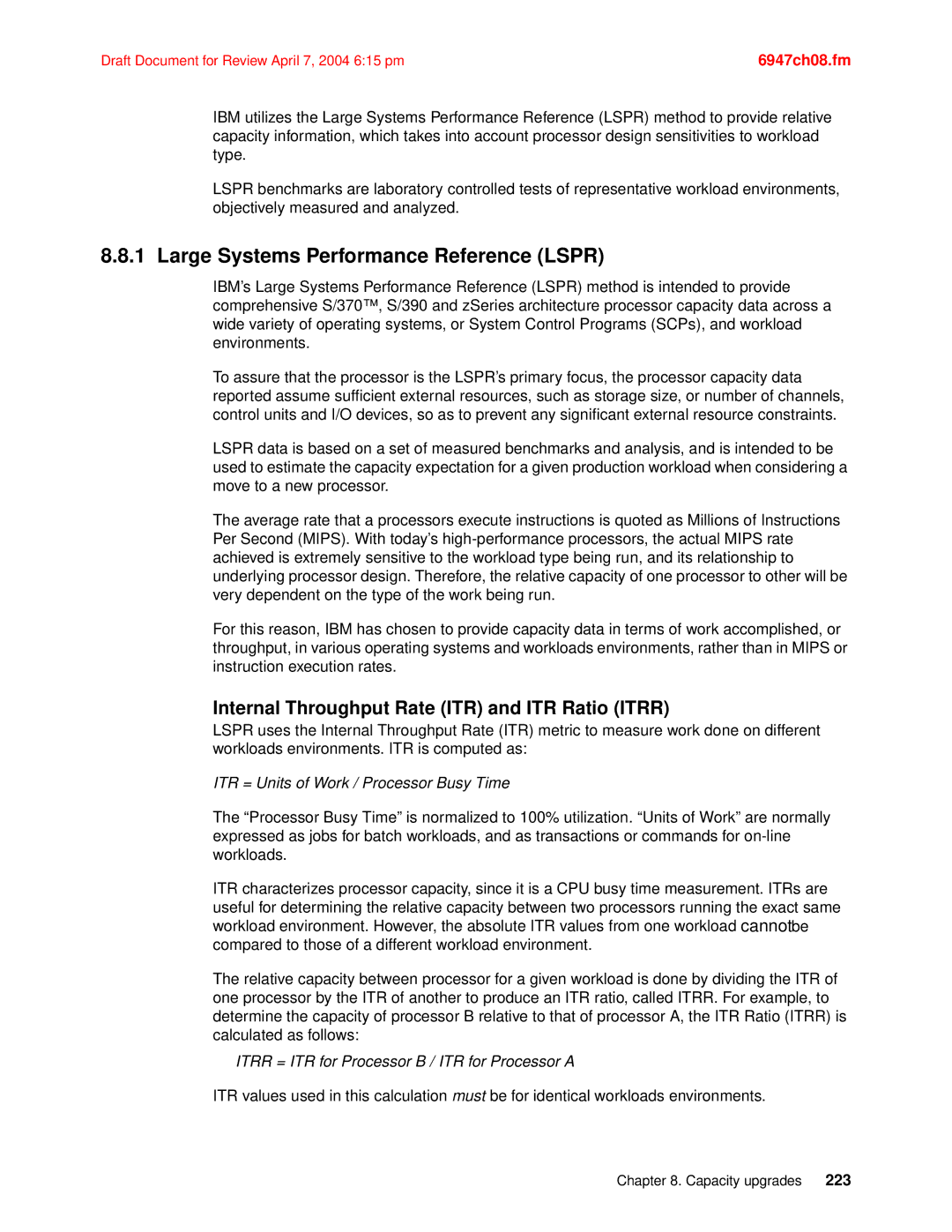 IBM 990 manual Large Systems Performance Reference Lspr, Internal Throughput Rate ITR and ITR Ratio Itrr 