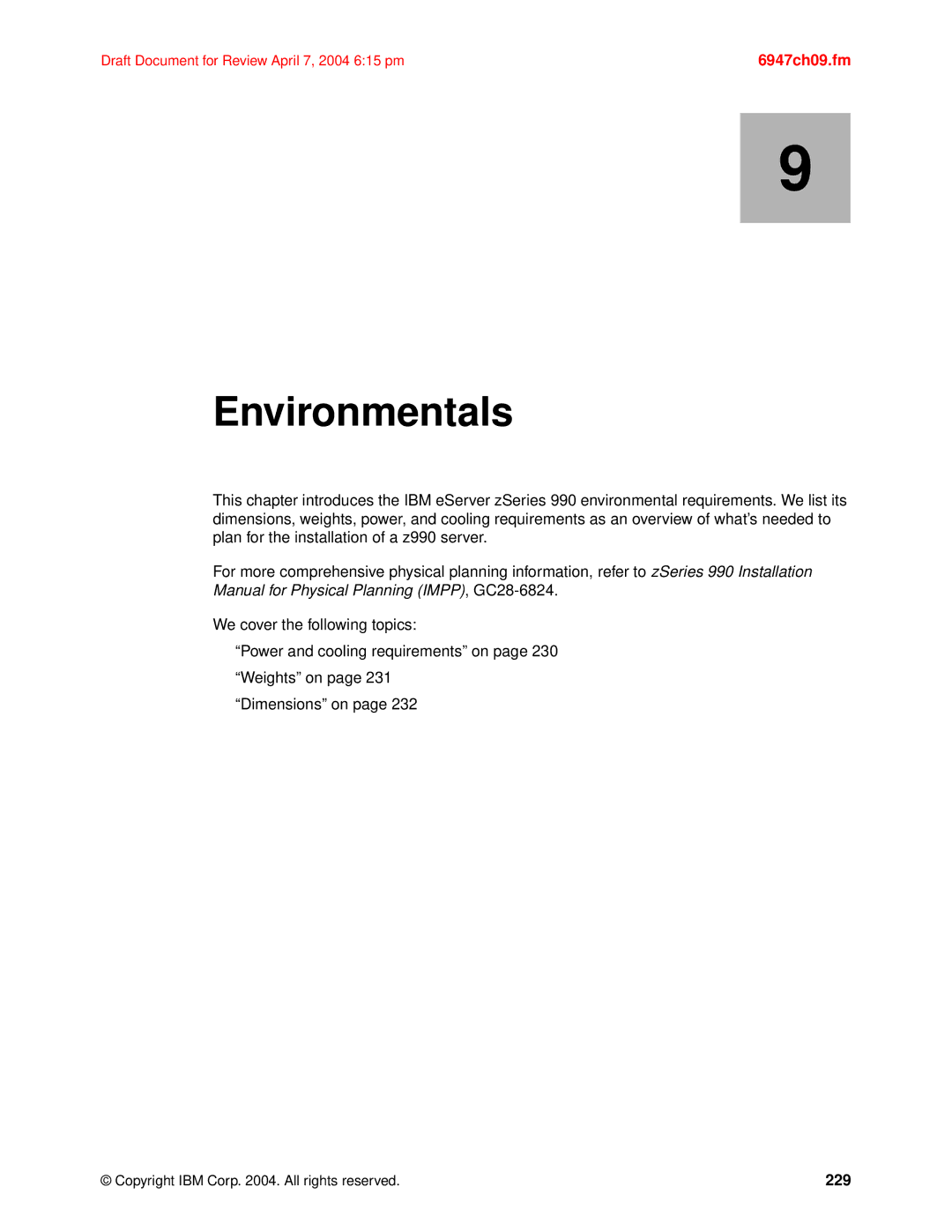 IBM 990 manual Environmentals, 229 