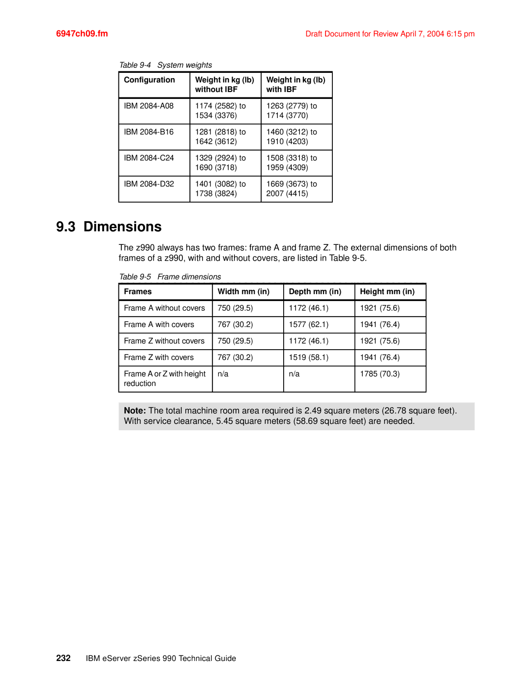 IBM 990 manual Dimensions, Frames Width mm Depth mm Height mm 