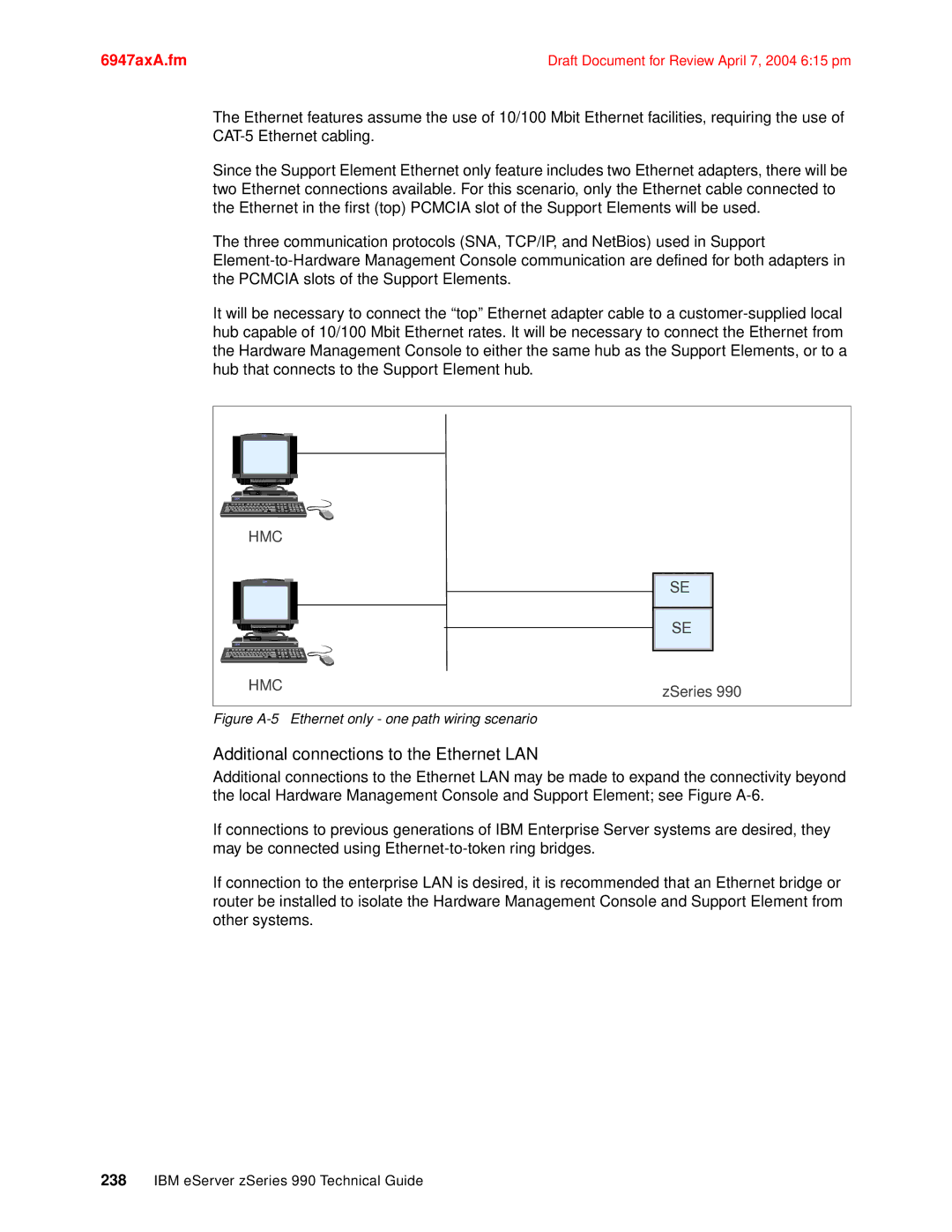 IBM 990 manual Additional connections to the Ethernet LAN, Figure A-5 Ethernet only one path wiring scenario 