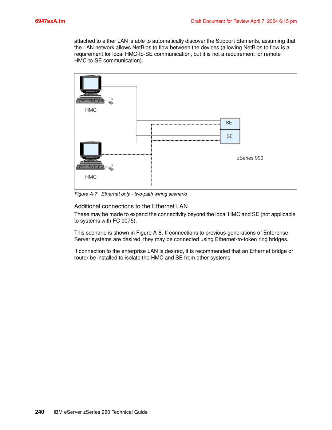 IBM 990 manual Figure A-7 Ethernet only two-path wiring scenario 