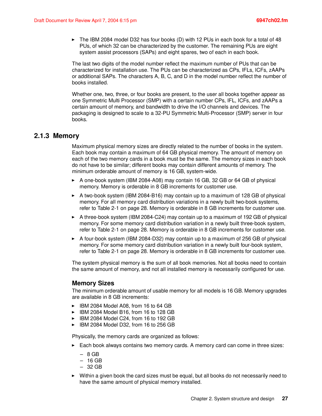 IBM 990 manual Memory Sizes 