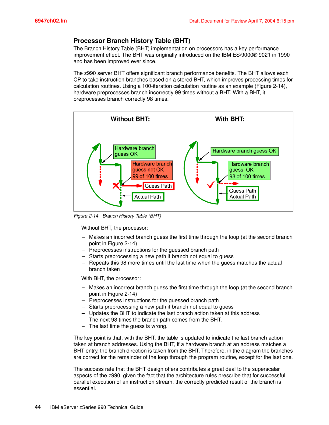 IBM 990 manual Processor Branch History Table BHT, Without BHT With BHT 