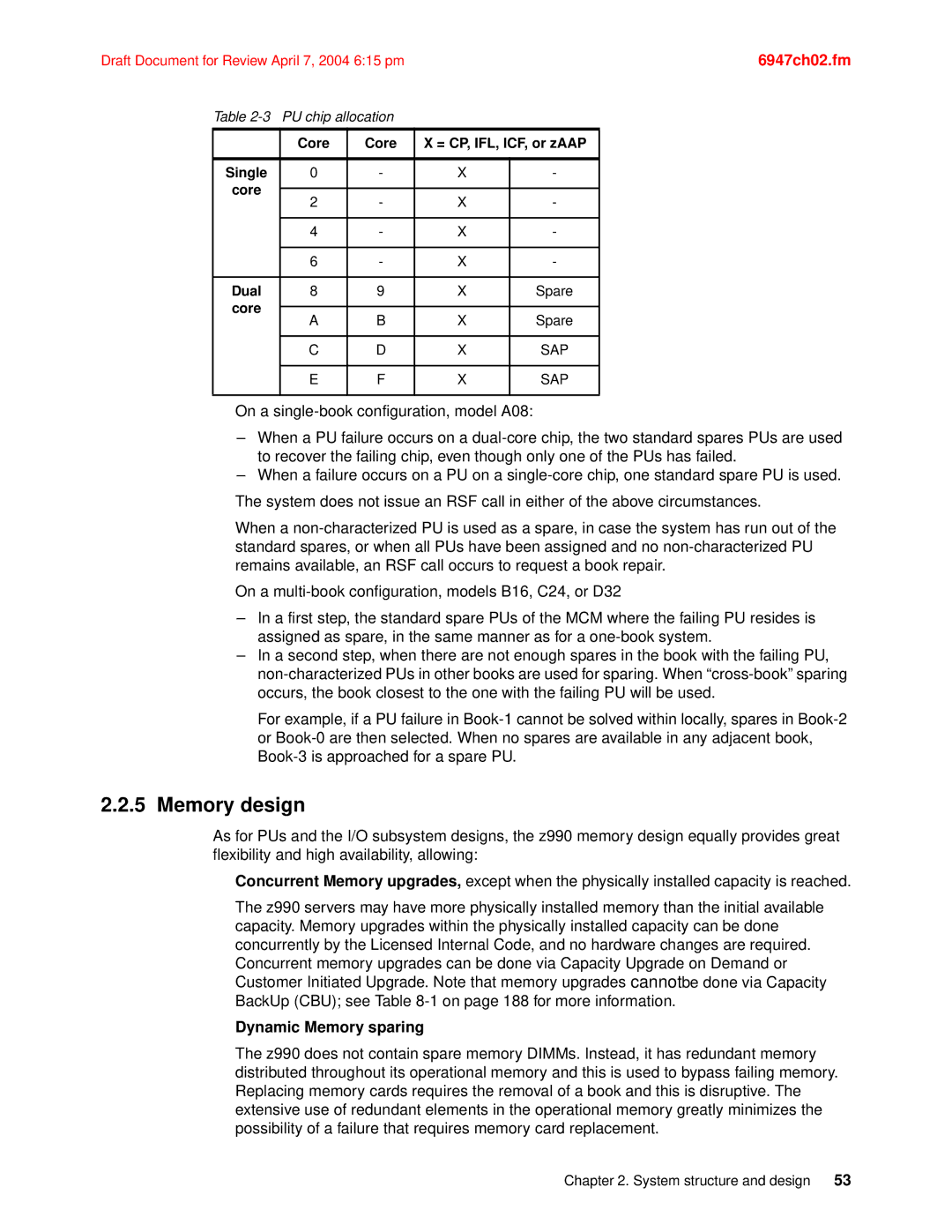 IBM 990 manual Memory design, Dynamic Memory sparing 