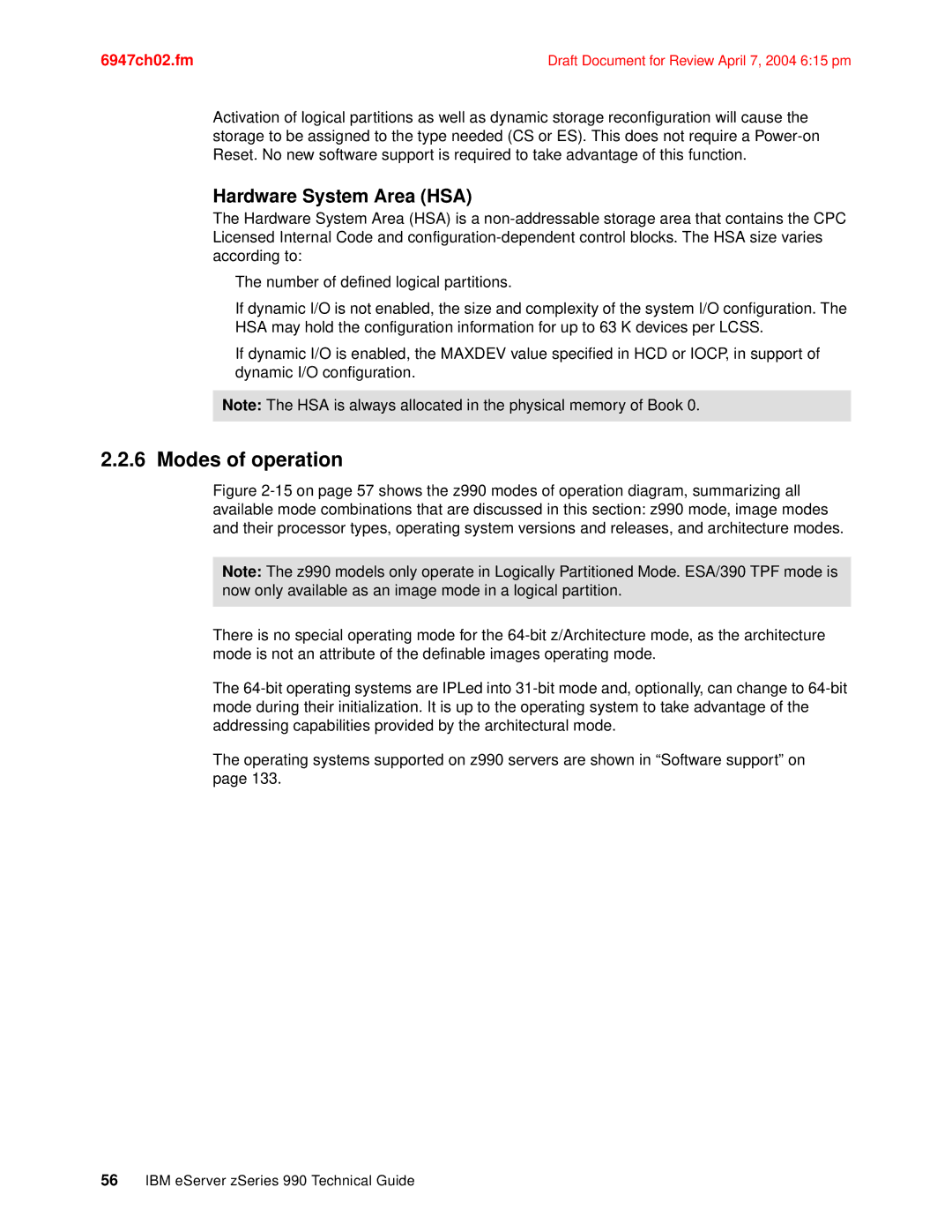 IBM 990 manual Modes of operation, Hardware System Area HSA 