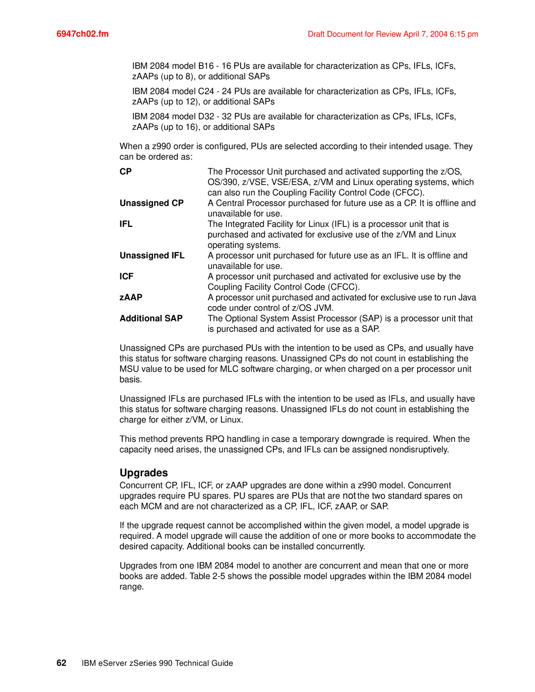 IBM 990 manual Upgrades, Unassigned CP, Unassigned IFL, Zaap, Additional SAP 