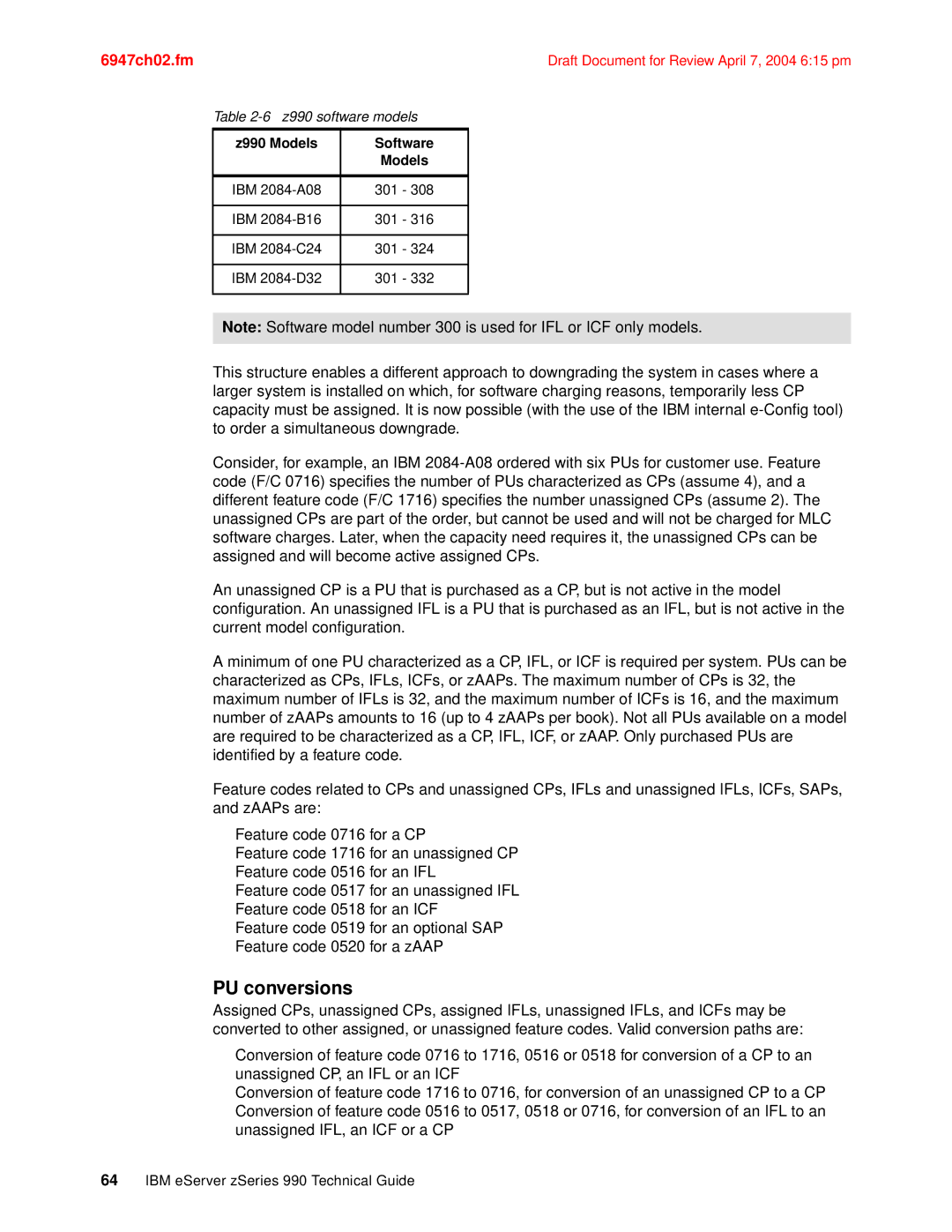 IBM manual PU conversions, Z990 Models Software 