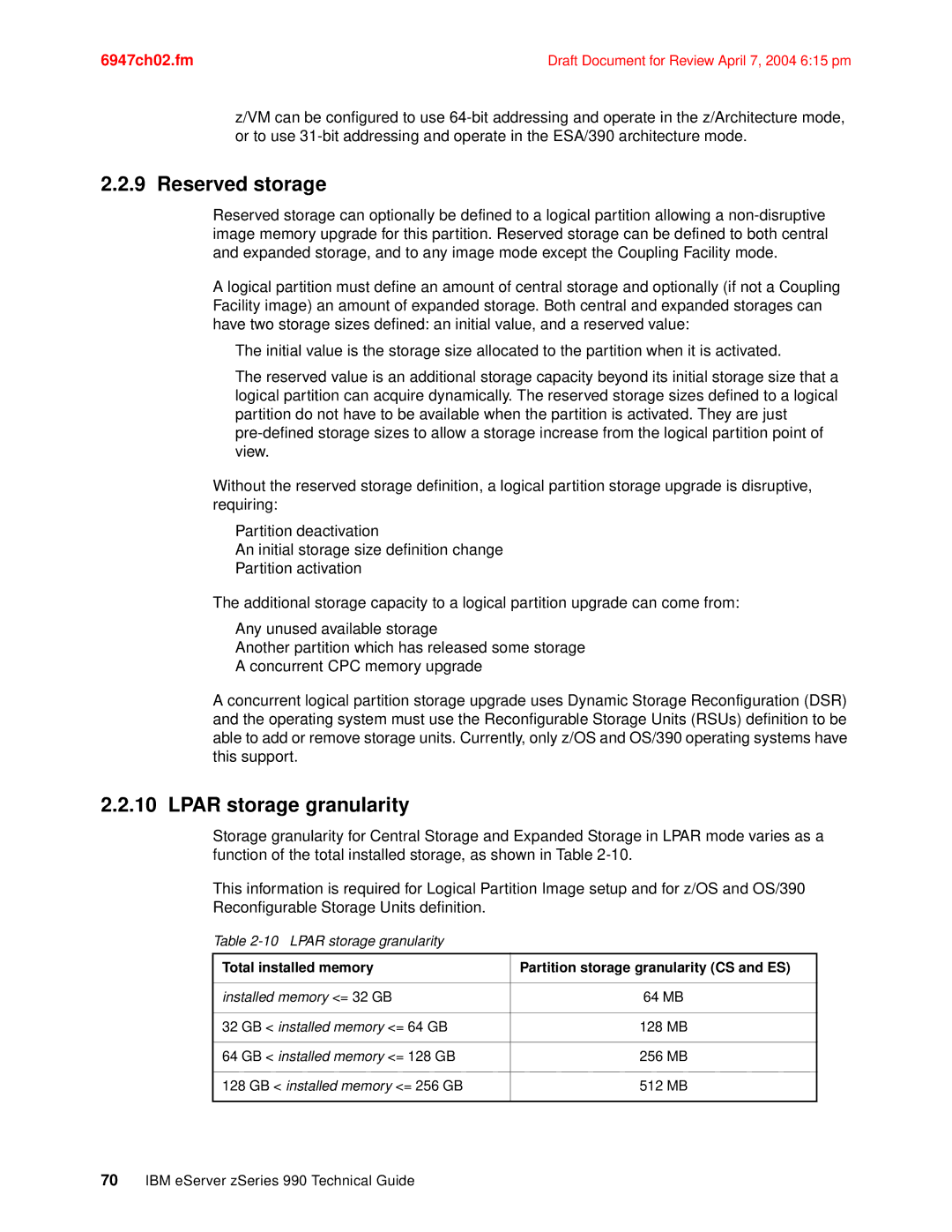 IBM 990 manual Reserved storage, Lpar storage granularity 