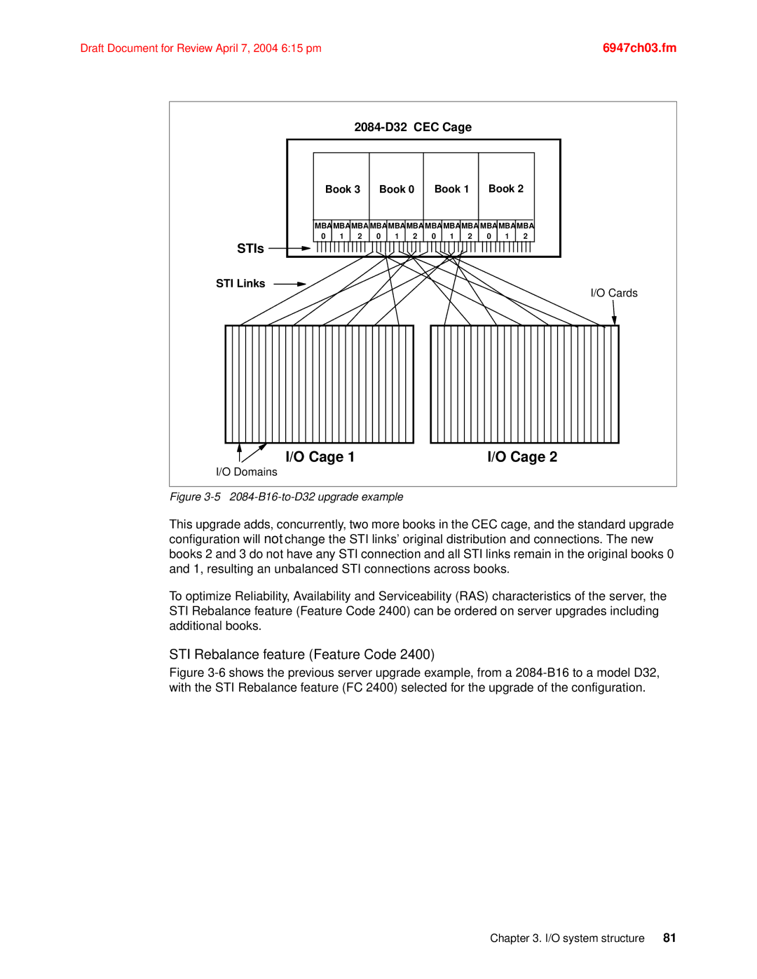 IBM 990 manual STI Rebalance feature Feature Code, 2084-D32 CEC Cage 