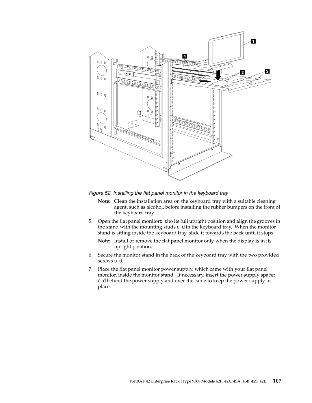 IBM 9QS, 9TX, 9TS, 9QX, 900, 4SB, 4SA, 42P, 42X, 200, 42E, 42S, 4QS, 4QX manual Installing the flat panel monitor in the keyboard tray 