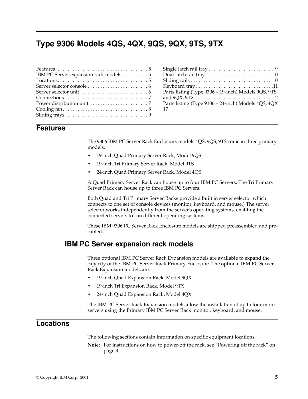 IBM 4QX, 9TX, 9TS, 9QX, 9QS, 900, 4SB, 4SA, 42P, 42X, 200, 42E, 42S, 4QS manual Features, IBM PC Server expansion rack models, Locations 